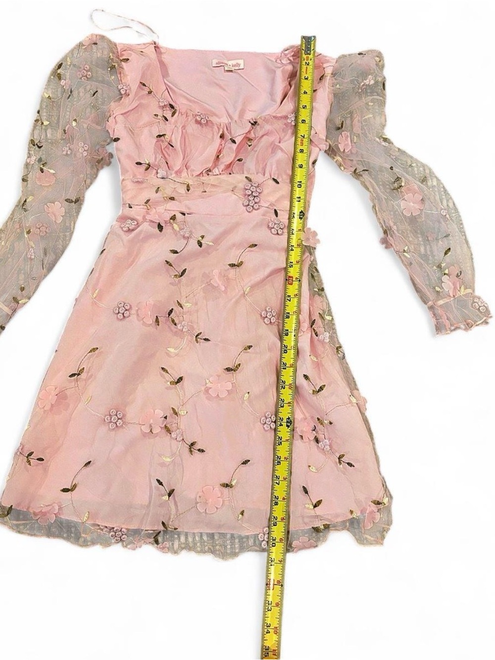 Allison & Kelly Sheer Sleeve Pink Floral Embroidered Mini Dress Mesh Overlay 16 - Picture 10 of 13